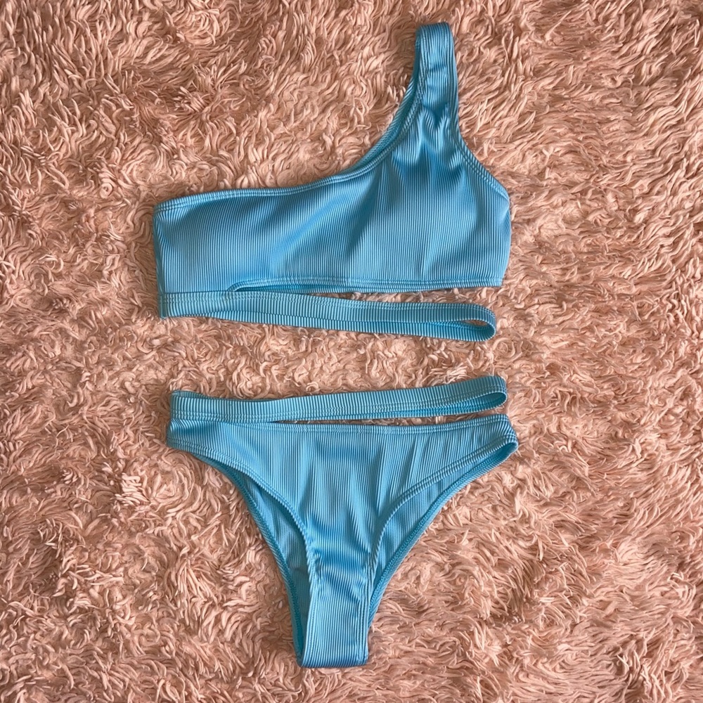 BLUE ONE-SHOULDER BIKINI TOP & CHEEKY BOTTOMS · SIZE S · NWOT - Picture 7 of 7